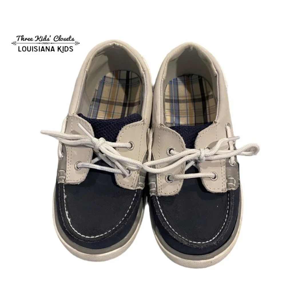 Baby Deer Sz 10 Navy & Grey/Tan Leather Boat Shoes